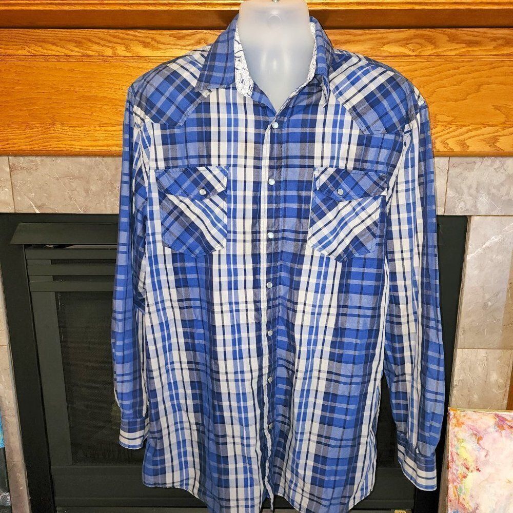 GC Blue Western Shirt Blue in Plaids. Pearl Snaps